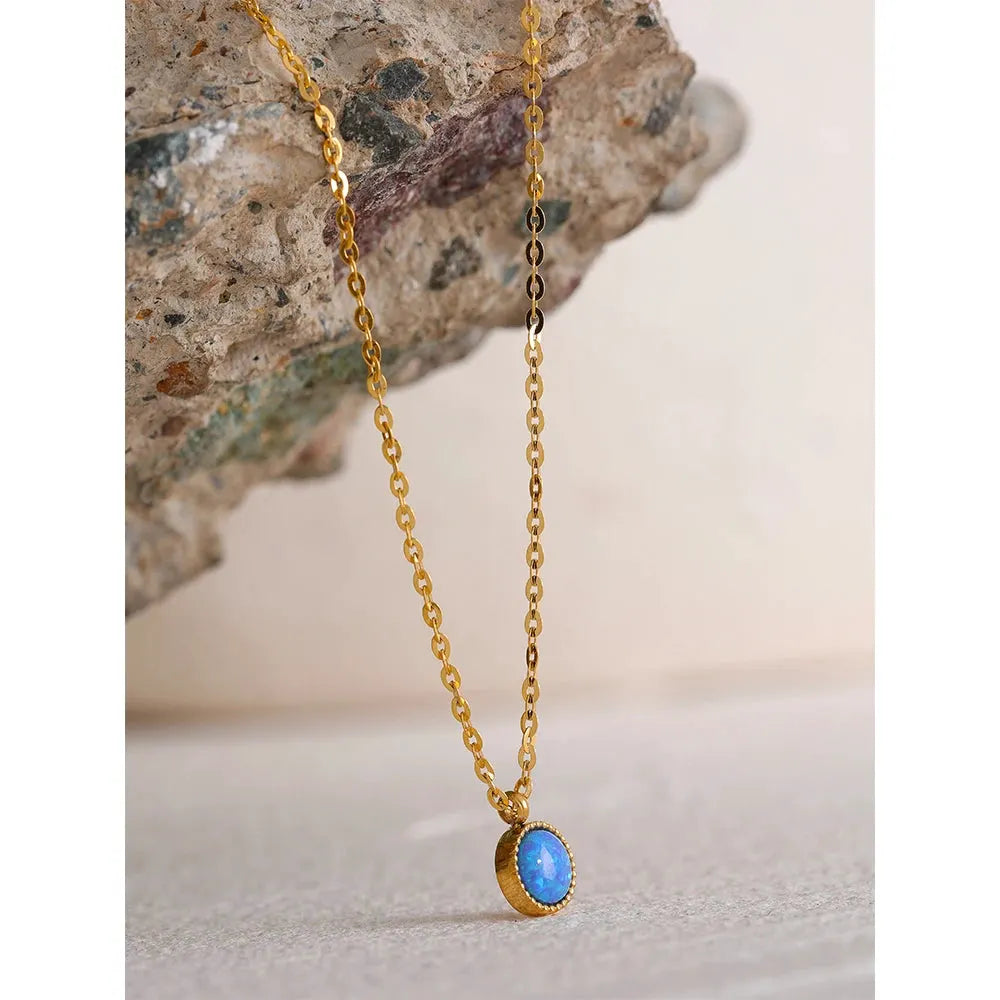 PoisedMe Charm Chic Blue Opal Natural Stone Small Pendant Stainless Steel Gold Color Necklace Waterproof Trendy Jewelry Women New -