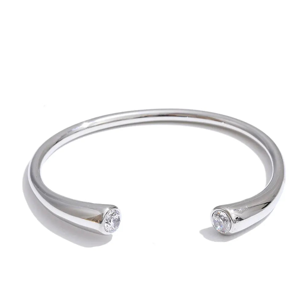 PoisedMe 60mm High Quality Stainless Steel Cubic Zirconia Cuff Open Bracelet Bangle for Women Smooth Metal Casual Modern Jewelry -