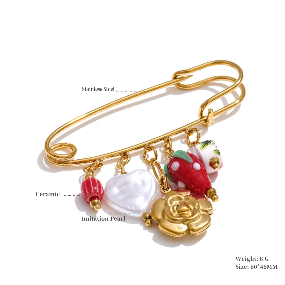 1Pcs Fashion Plastic Strawberry Fruit Heart Flower Shell Drop Charm Clasp Pin 18K Golden Plated Stainless Steel Jewelry by PoisedMe