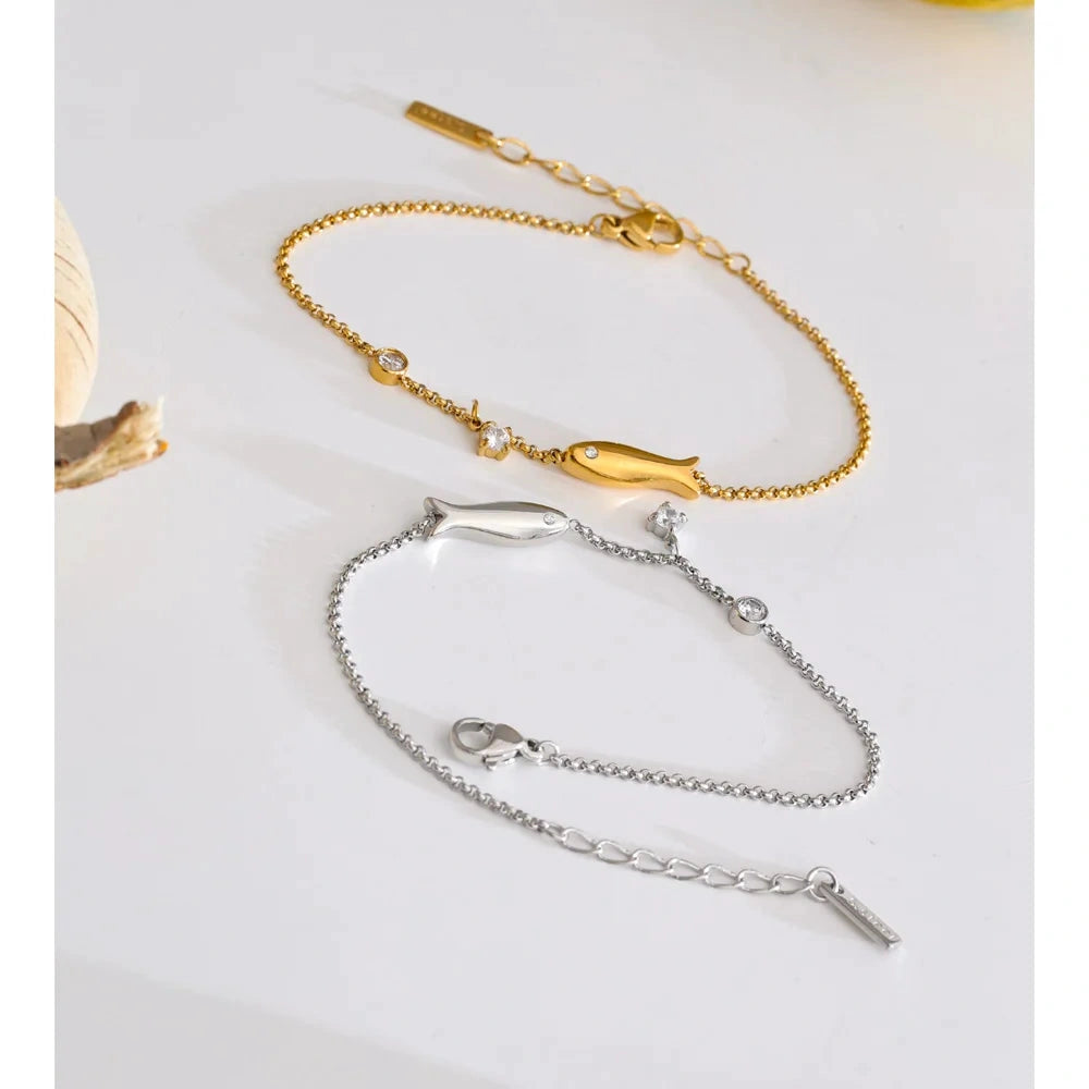 Stainless Steel Zirconia Fish Chain Bracelet Bangle Waterproof PVD Plated Ocean Series Summer Fashion Thin Jewelry by PoisedMe
