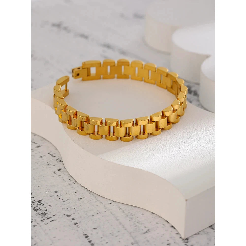 Stainless Steel Chain Bracelet Simple 18 K Plated Heavy Metal Texture Fashion Jewelry Men Bijoux Femme Party Waterproof by PoisedMe
