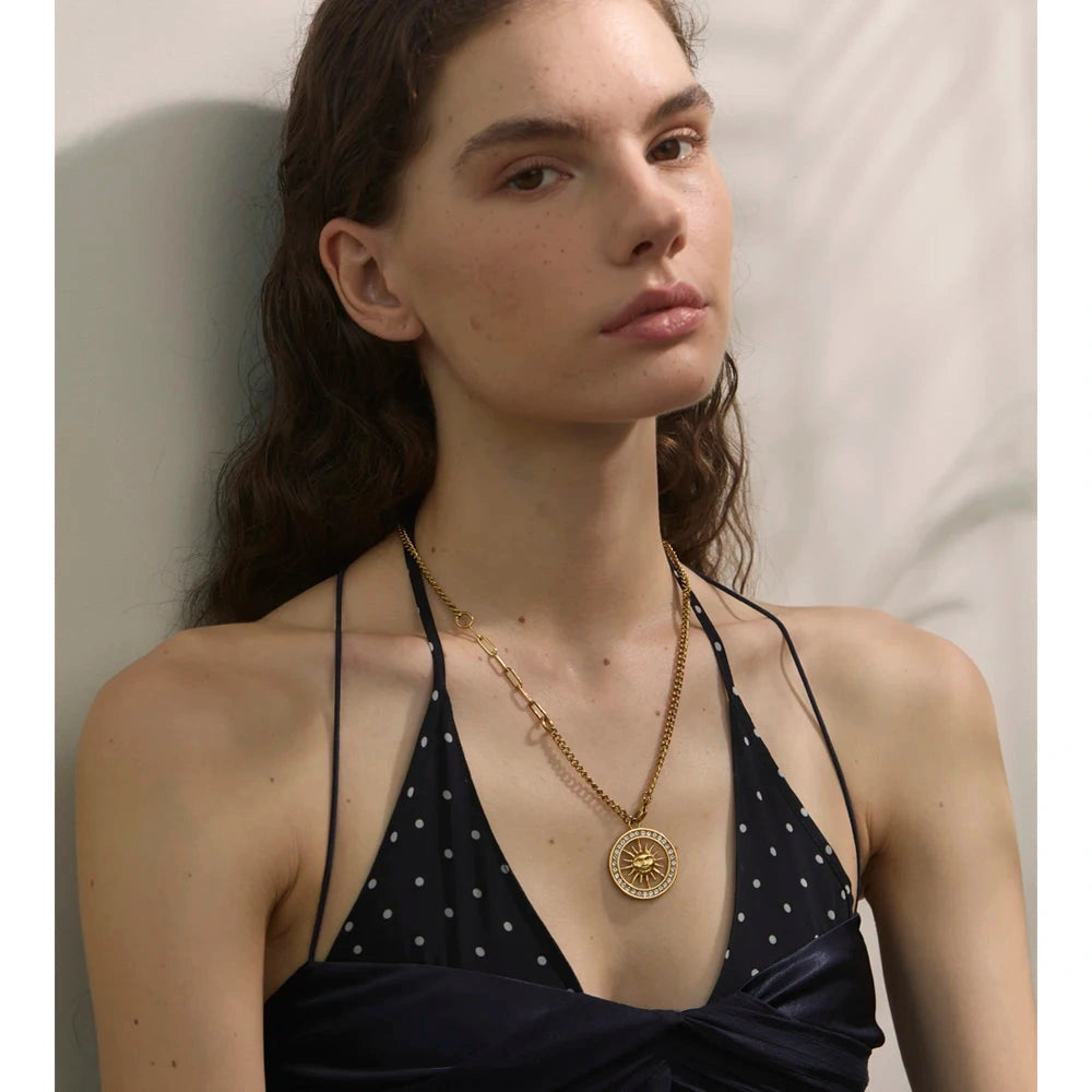 Hot Style Zirconia Round Sun Hollow Pendant Necklace 18K Gold Color Stainless Steel Exquisite Premium Jewelry Gift by PoisedMe