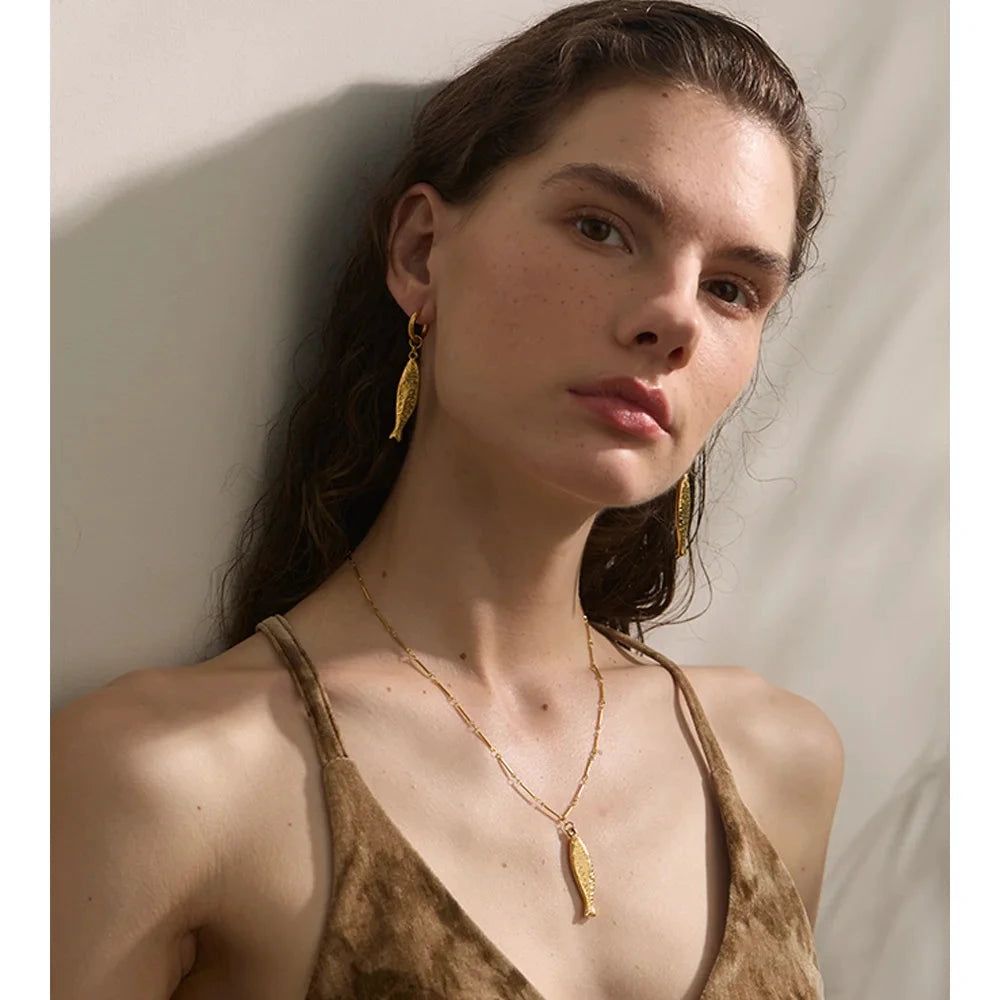 Ocean Stainless Steel Metal Fish Pendant Necklace Earrings Rust Proof Golden PVD Plated Trendy Fashion Jewelry by PoisedMe