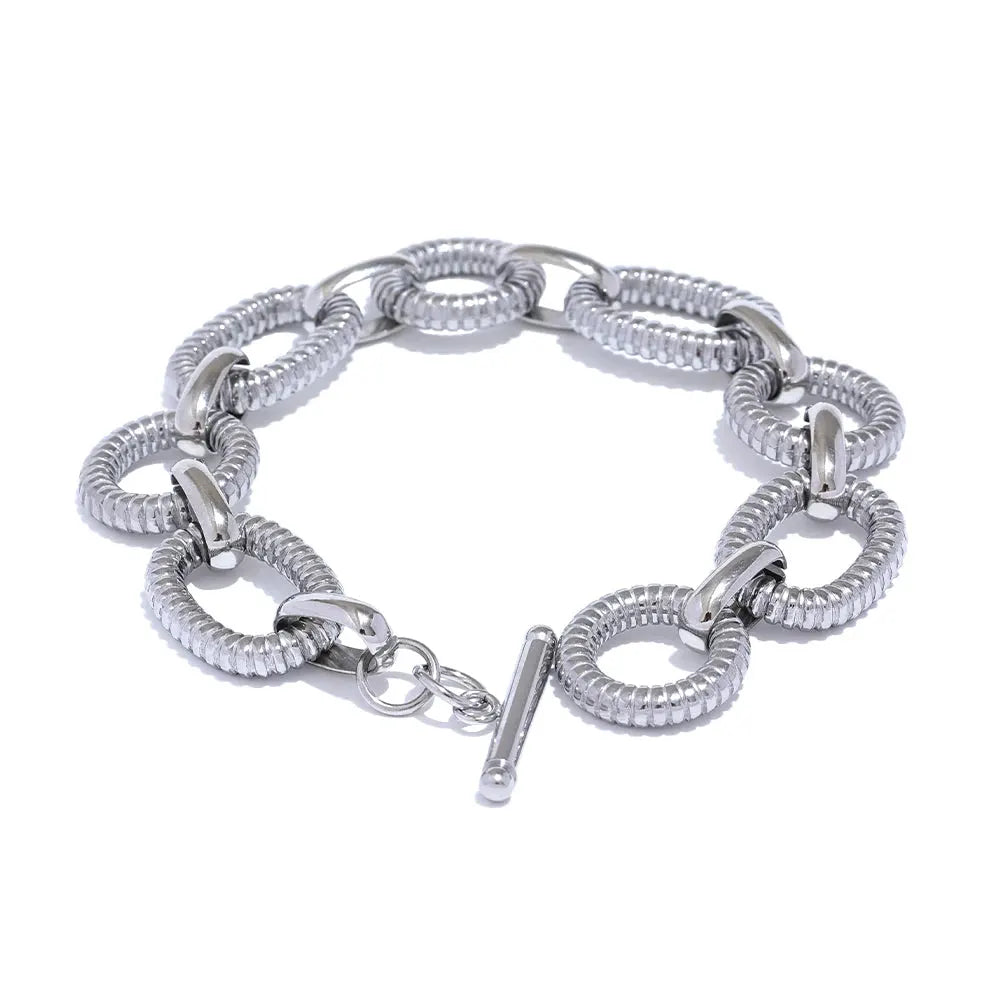 PoisedMe 316L Stainless Steel Metal Texture Oval Chain Bracelet Bangle Men Women 18K PVD Plated Toggle-Clasps Statement Jewelry -