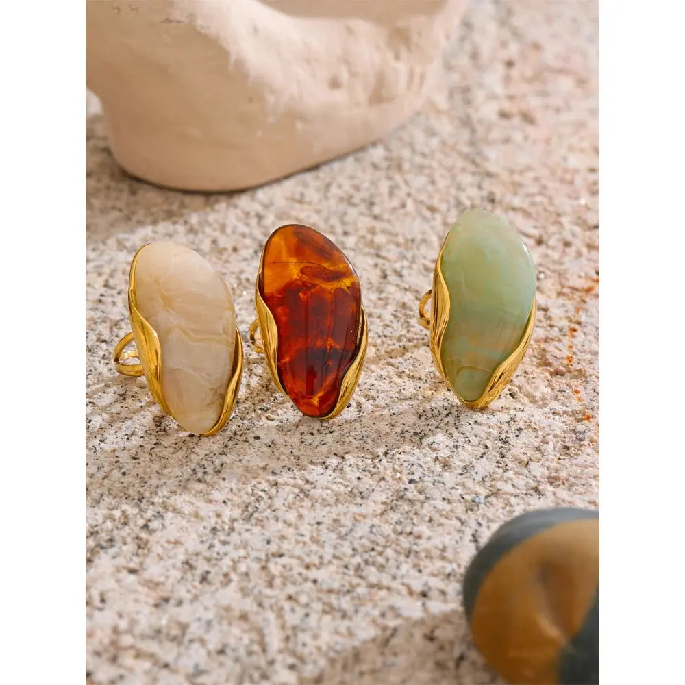 PoisedMe Brown Green Beige Resin Geometric Adjustable Ring Golden PVD Stainless Steel Rust Proof Finger Jewelry Gift -