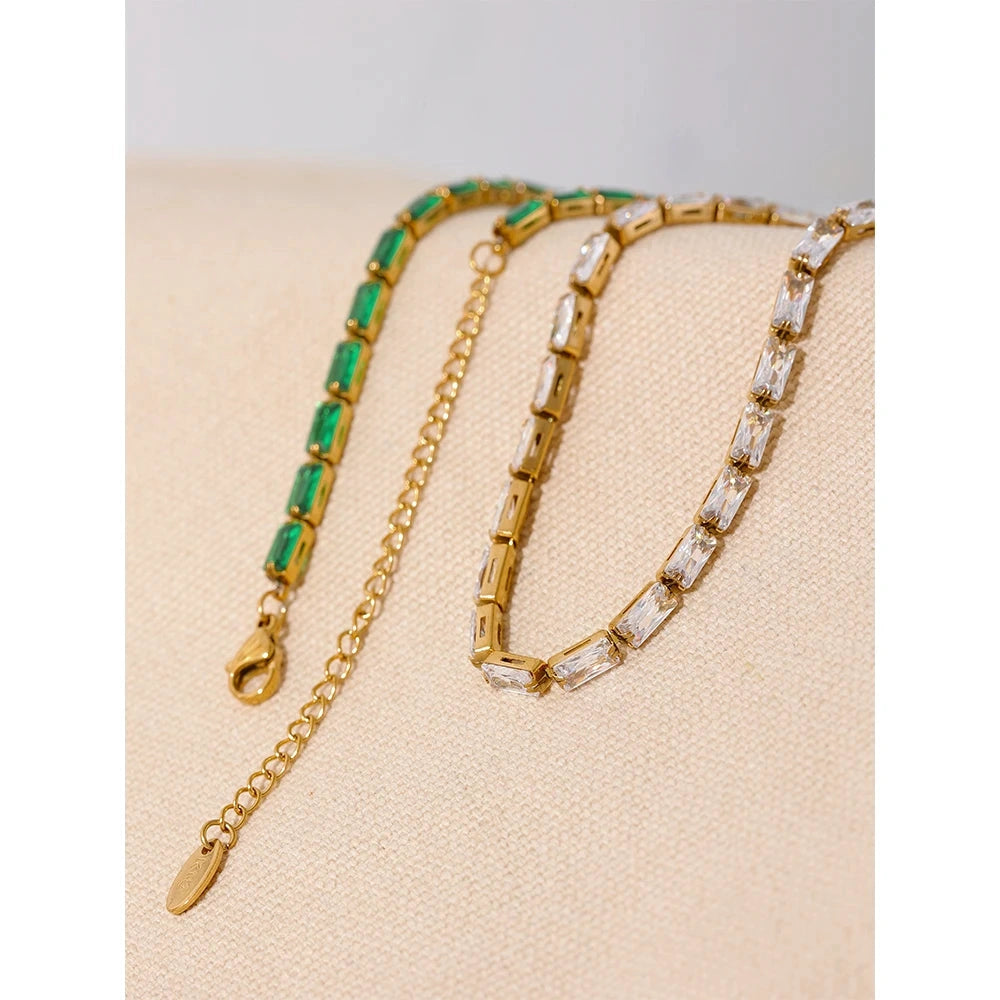 Waterproof Fashion White Green Cubic Zirconia Stainless Steel Gorgeous Necklace Bracelet Elegant Charm Jewelry Sets Women by PoisedMe