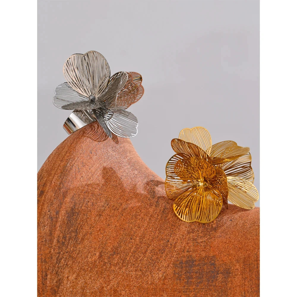 Exclusive Stainless Steel Metal Flower Adjustable Ring Women Hyperbole Personality Fashion Finger Jewelry Gift PVD Plated by PoisedMe