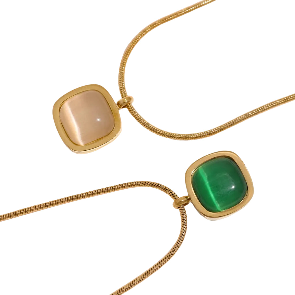 Square Green Opal Stone Pendant Drop Dangle Necklace for Women Charm Jewelry Minimalist Geometric Stainless Steel Necklace by PoisedMe