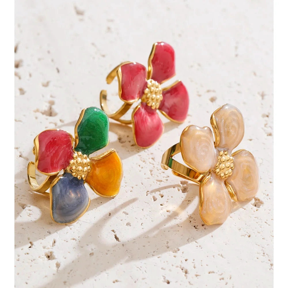 Colorful Metal Flower Petal Charm Open Adjustable Ring for Women Stainless Steel Trendy Cheap Finger Jewelry by PoisedMe