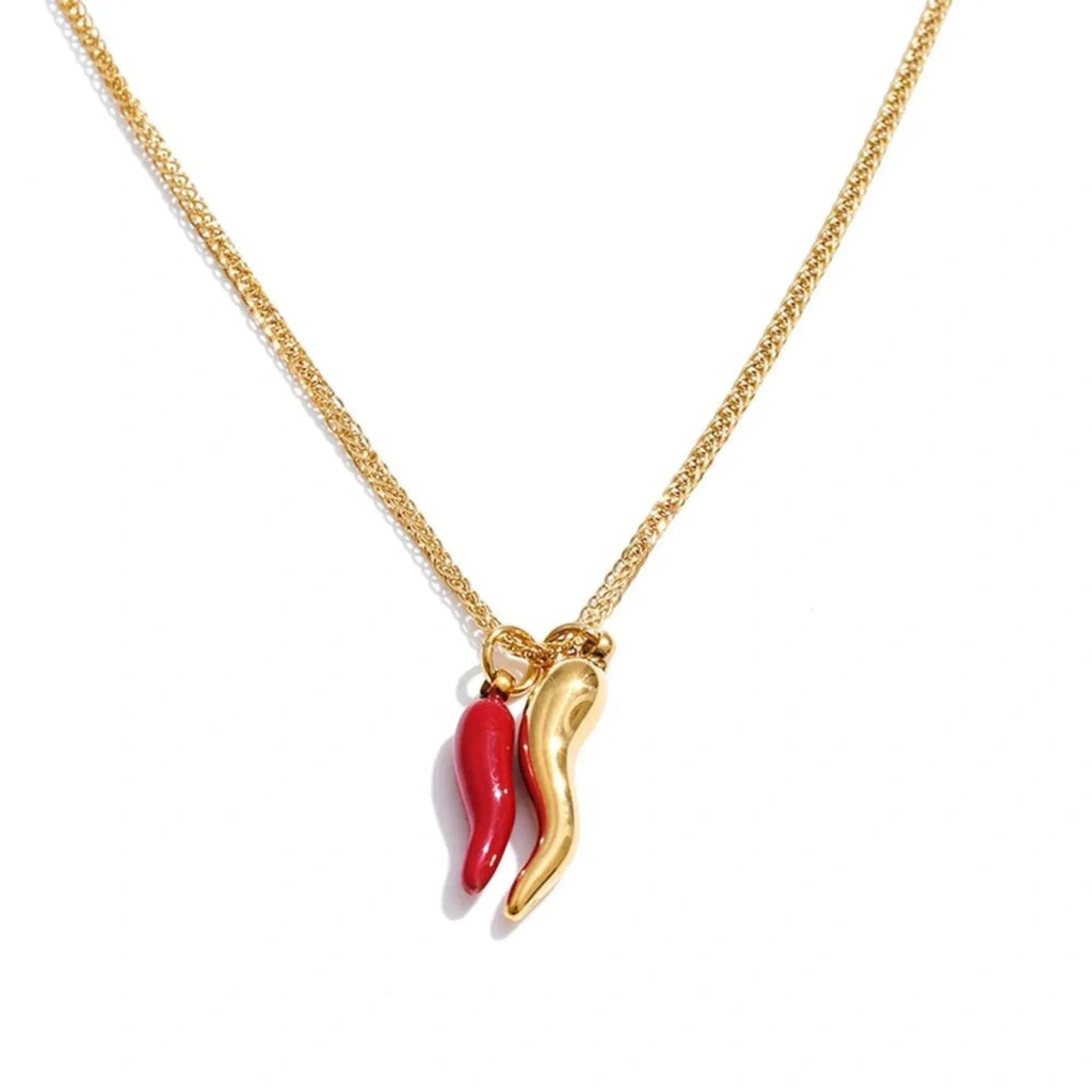 PoisedMe Enamel Red Chili Pepper Necklace Pendant Gold Plated Stainless Steel PVD Jewelry - Necklaces