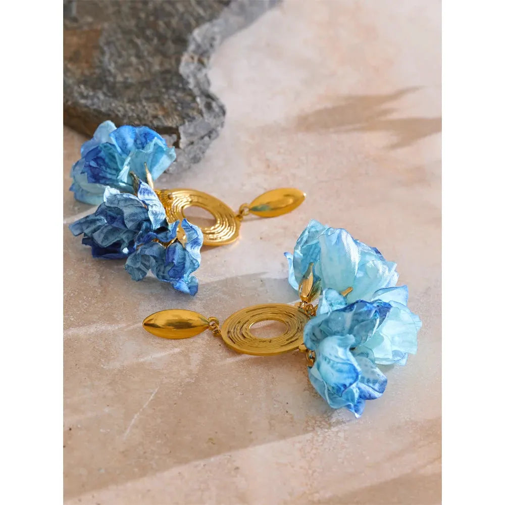 PoisedMe Spring Summer Fashion Bohemian Blue Cloth Flower Drop Earrings Exclusive Stainless Steel Handmade Fairy Jewelry -