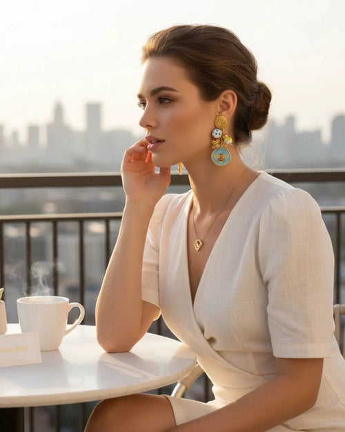 Ceramic Flower Honeybee Drop 18K Gold PVD Plated Stainless Steel Earrings by Poised Me Jewelry Studio