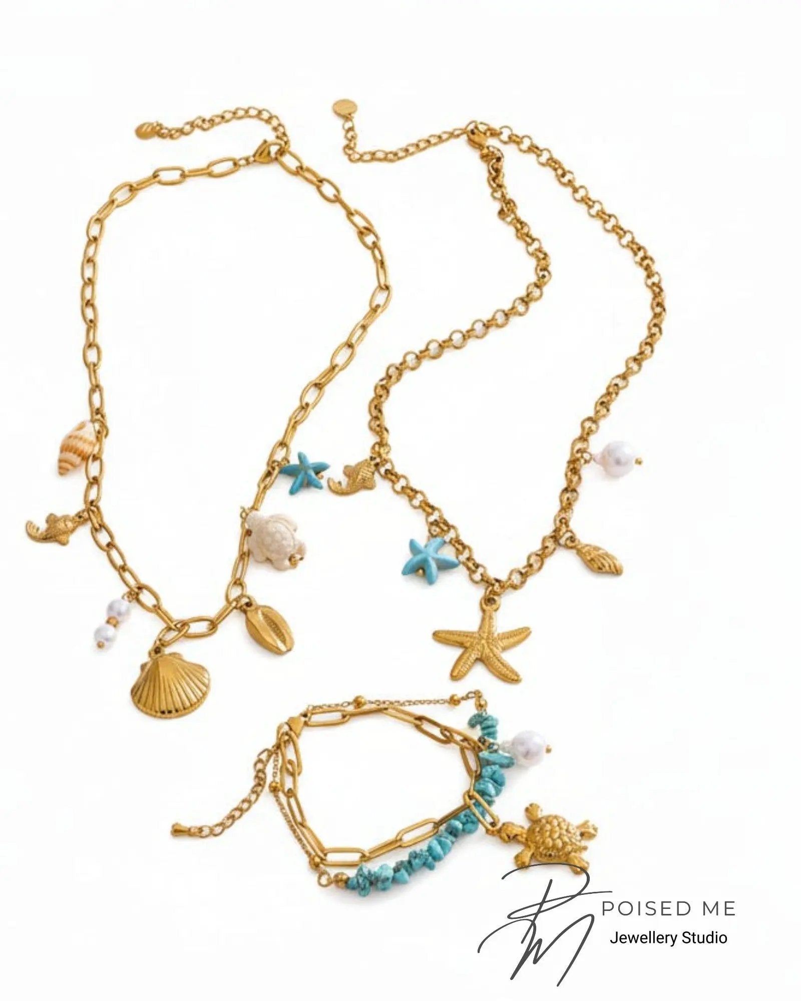 Ocean Style Starfish Shell Pendant Necklace Bracelet 18k Gold PVD Plated Stainless Steel by Poised Me Jewelry Studio