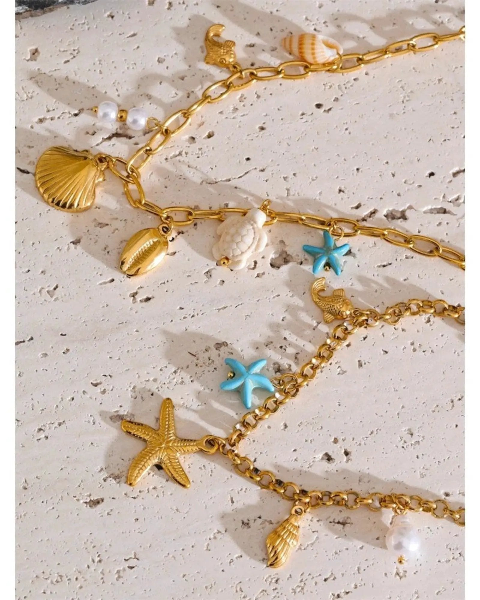 Ocean Style Starfish Shell Pendant Necklace Bracelet 18k Gold PVD Plated Stainless Steel by Poised Me Jewelry Studio