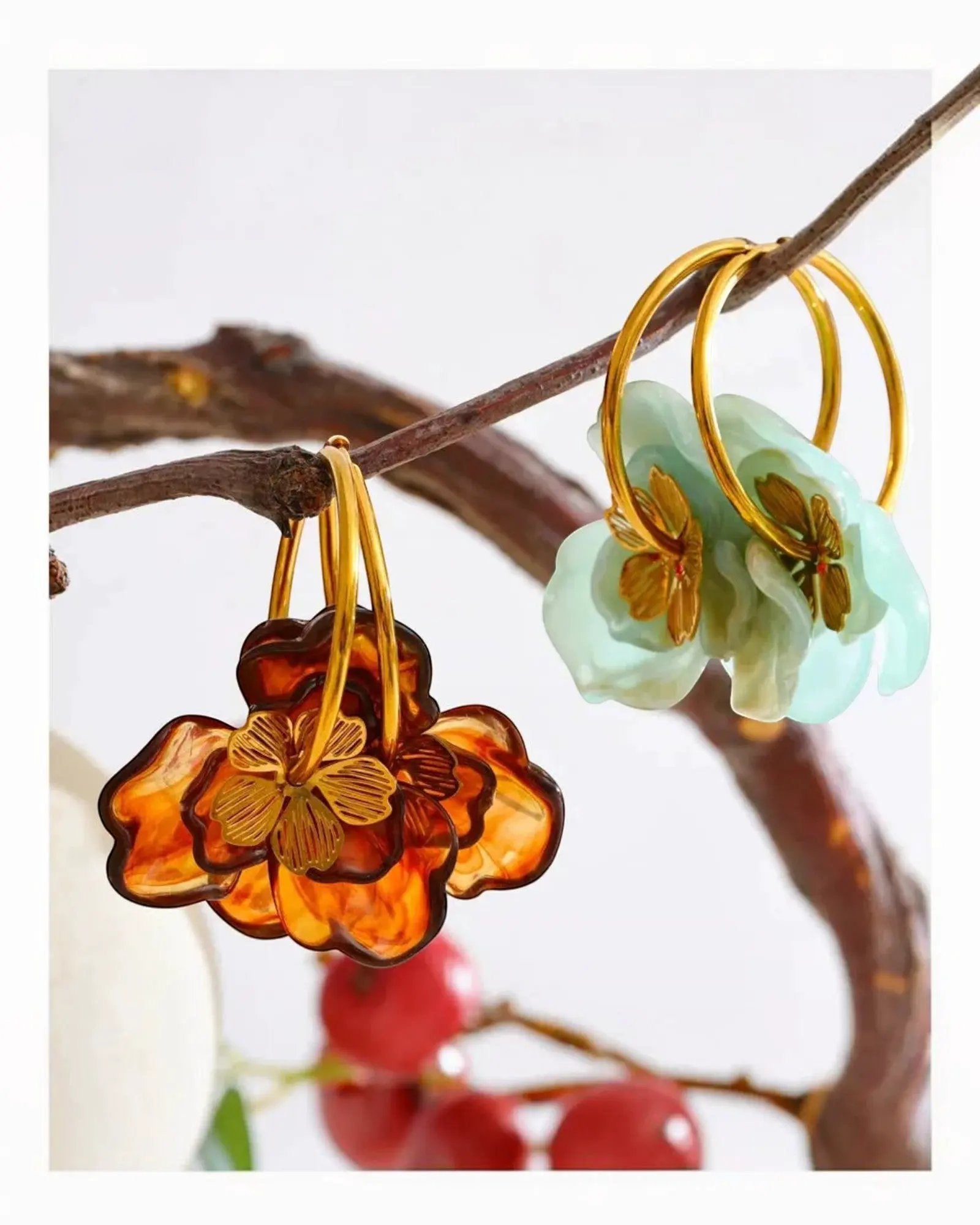 Colorful Resin Flower Hoop Earrings 18K Gold PVD Plated Stainless Steel by Poised Me Jewelry Studio