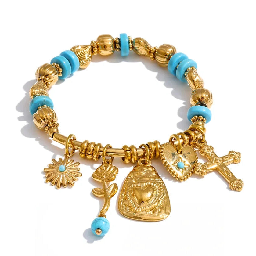 Spain Vintage Stainless Steel Stone Beads Heart Cross Flower Drop Charm Bracelet Bangle Summer Handmade Jewelry Waterproof by PoisedMe